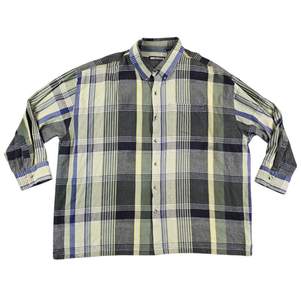 Mens 6XL Big & Tall Plaid Cotton Button Down Shirt Greystone Green Blue